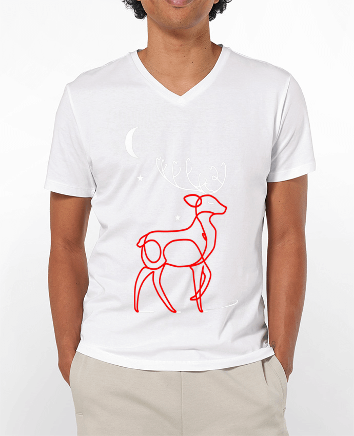 T-shirt homme Renne  nocturne, rouge et blanc, Noël, étoiles -Design- Illustration Féérique et Éléga