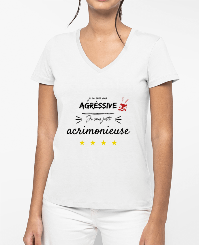 T-shirt femme col V Je ne suis pas agressif par AlineDC