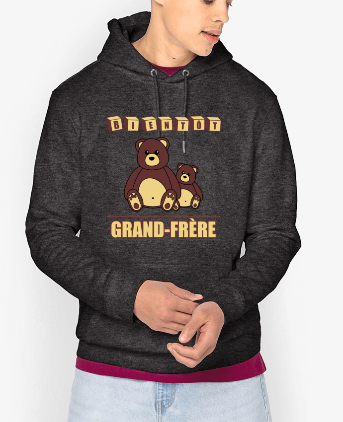 Sweat capuche unisexe Bio Bientôt Grand-Frère avec ours en peluche mignon Par Benichan