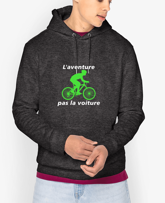 Sweat capuche unisexe Bio L'aventure pas la voiture avec vélo vert Par LV-CREATOR