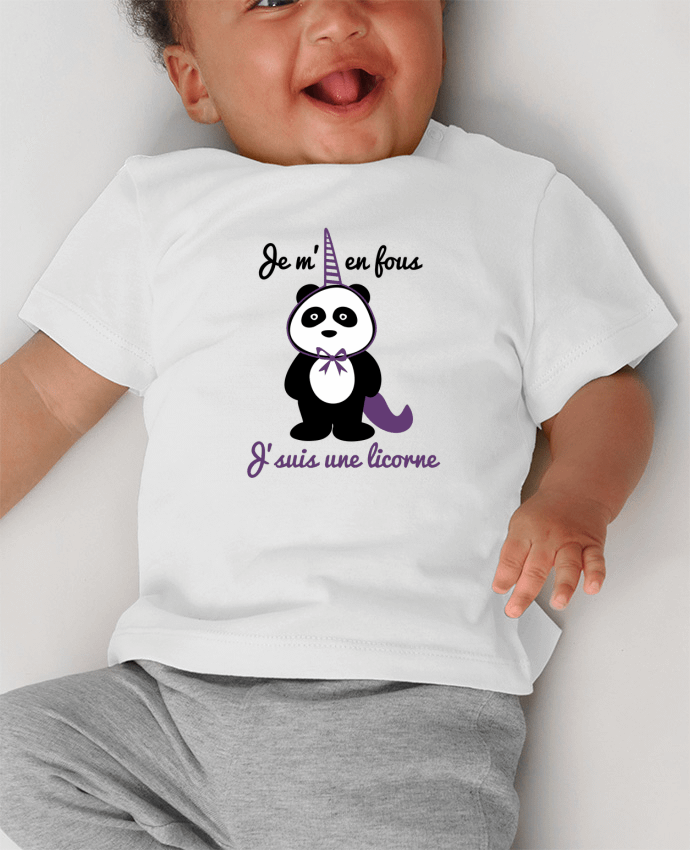 T-shirt bébé Je m'en fous j'suis une licorne, panda manches courtes du designer Benichan