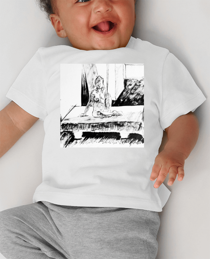 T-shirt bébé Dessin noir et blanc d'une femme nue manches courtes du designer Simple Art