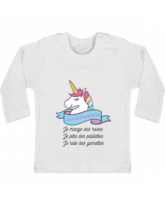 Baby T-shirt with press-studs long sleeve Je suis une princesse licorne manches longues du designer tunetoo