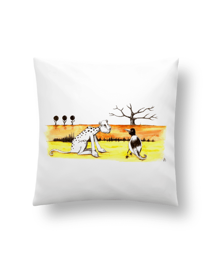 Cushion synthetic soft 45 x 45 cm Léobyd et oiseau, un curieux diaogue dans la savane by Lia Illustration bien-être