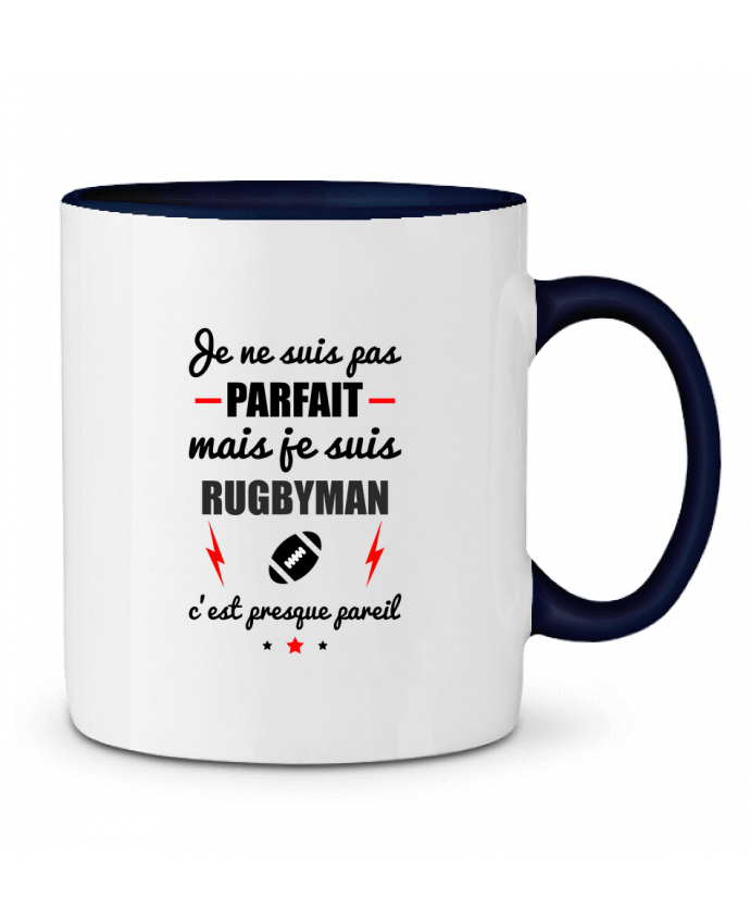 Mug bicolore Je ne suis pas parfait mais je suis rugbyman c'est presque pareil Benichan