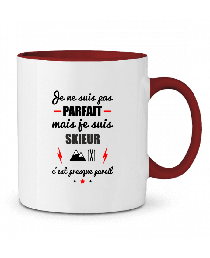 Mug bicolore Je ne suis pas parfait mais je suis skieur c'est presque pareil Benichan