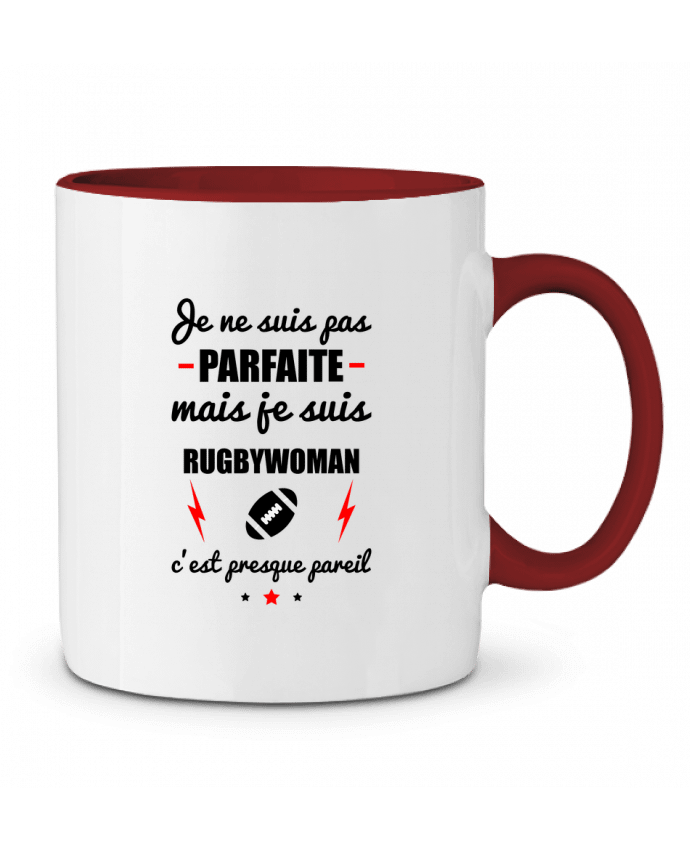 Mug bicolore Je ne suis pas parfaite mais je suis rugbywoman c'est presque pareil Benichan