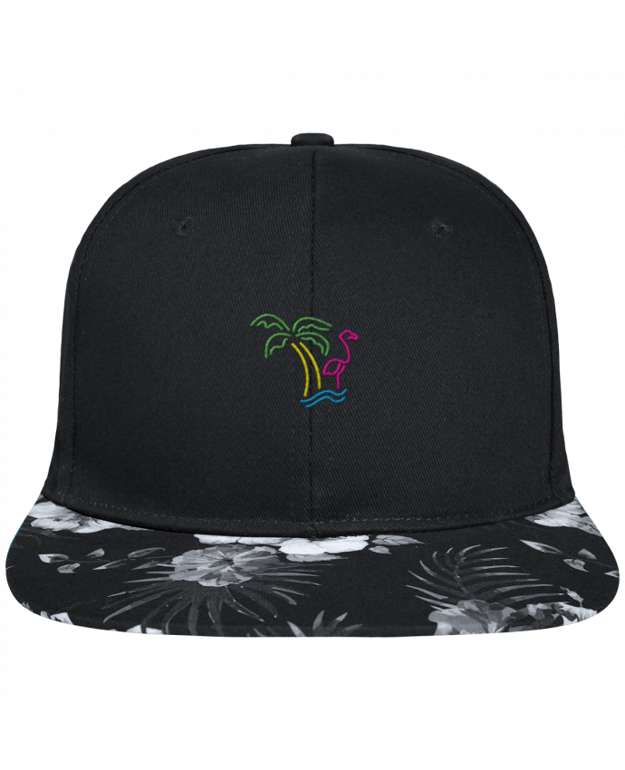 Snapback Cap visor Hawaii Crown pattern Island Flamingo brodé avec toile noire 100% coton et visière imprimée fleurs