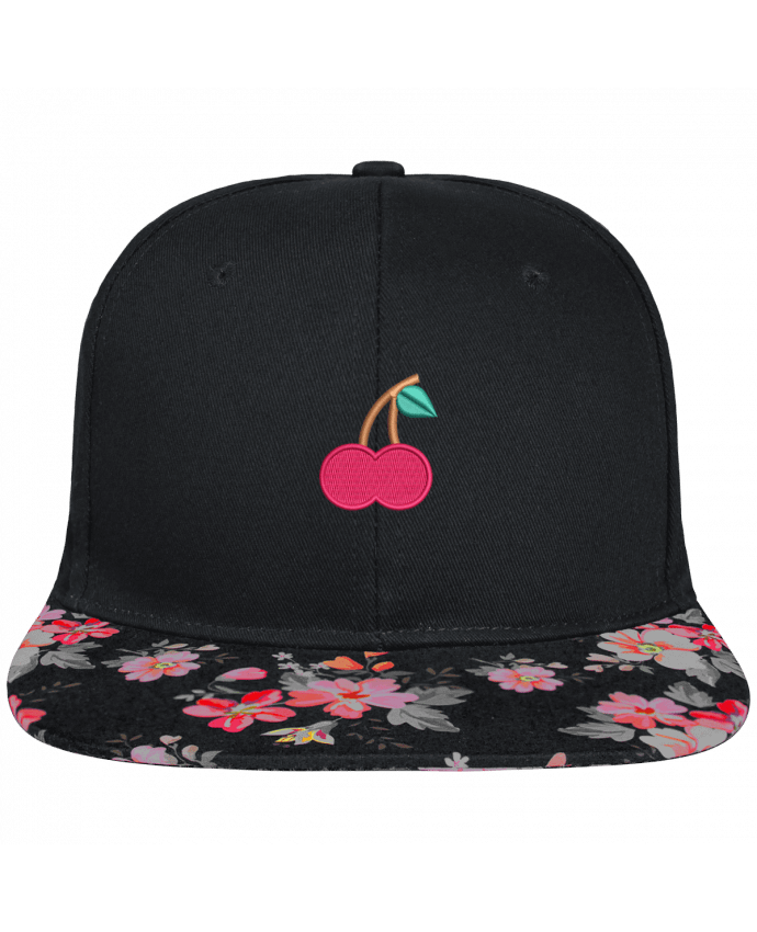 Snapback Cap visor black floral Crown pattern Cerise brodé et visière à motifs 100% polyester et toile coton