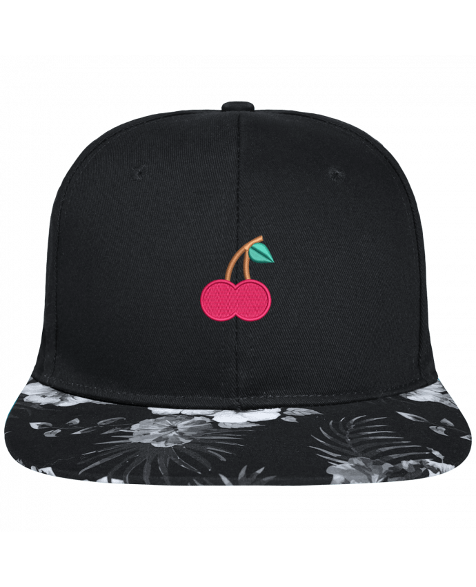 Snapback Cap visor Hawaii Crown pattern Cerise brodé avec toile noire 100% coton et visière imprimée fleurs 100% pol