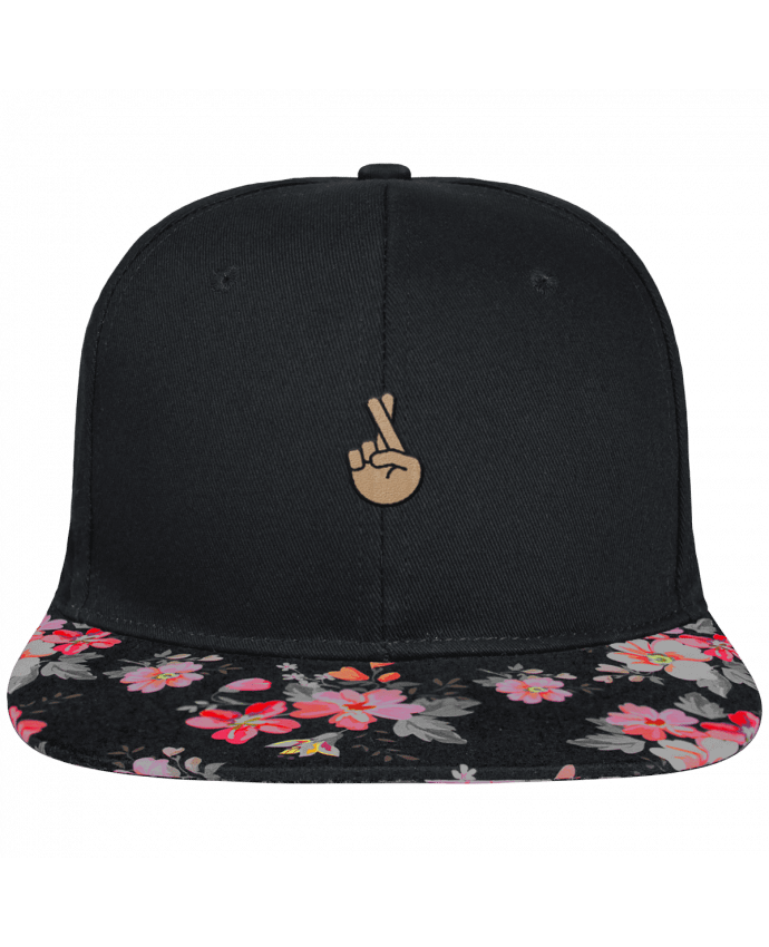 Snapback Cap visor black floral Crown pattern Doigts croisés white brodé et visière à motifs 100% polyester et toile coton
