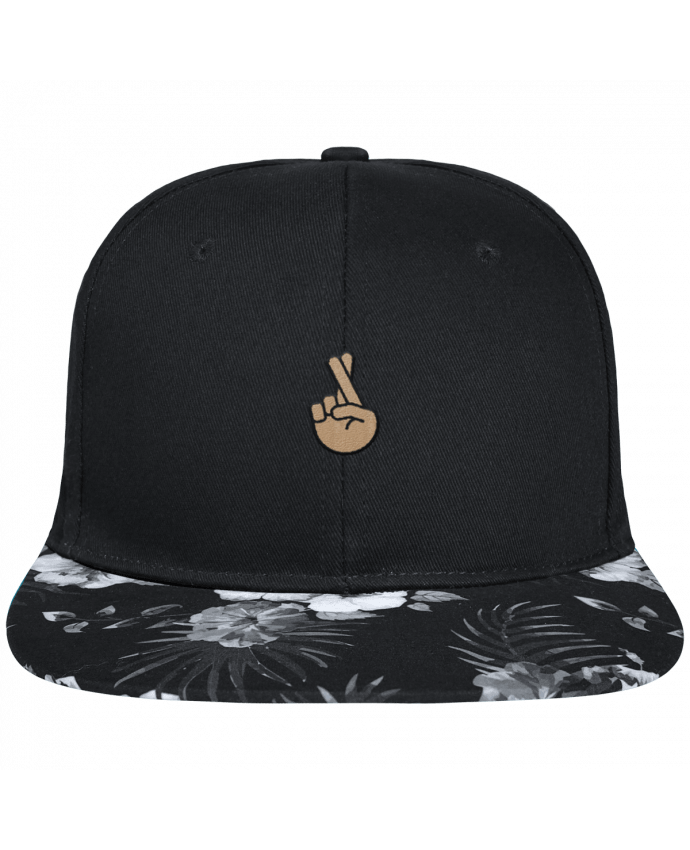Snapback Cap visor Hawaii Crown pattern Doigts croisés white brodé avec toile noire 100% coton et visière imprimée f