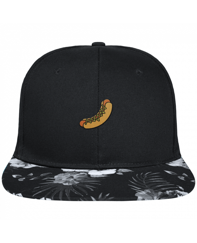 Casquette SnapBack Visière Graphique Fleur Hawaii Hot dog brodé avec toile noire 100% coton et visière imprimée fleurs 100% po