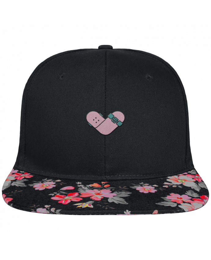 Snapback Cap visor black floral Crown pattern Coeur skate brodé et visière à motifs 100% polyester et toile coton