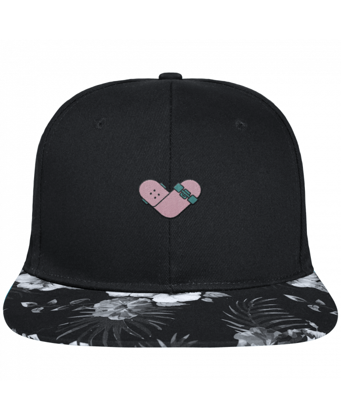 Gorra Snapback Visera Flor Hawai Coeur skate brodé avec toile noire 100% coton et visière imprimée fleurs 100
