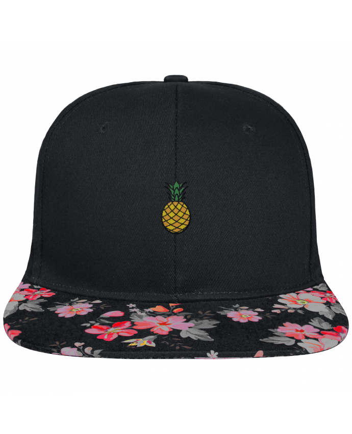 Snapback Cap visor black floral Crown pattern Ananas orange brodé et visière à motifs 100% polyester et toile coton