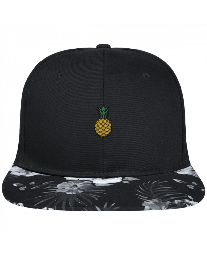 Snapback Cap visor Hawaii Crown pattern Ananas orange brodé avec toile noire 100% coton et visière imprimée fleurs 1