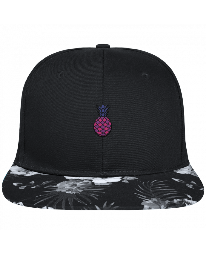 Snapback Cap visor Hawaii Crown pattern Ananas violet brodé avec toile noire 100% coton et visière imprimée fleurs 1