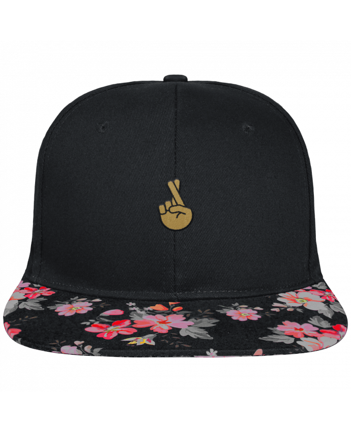 Snapback Cap visor black floral Crown pattern Doigts croisés yellow brodé et visière à motifs 100% polyester et toile coton