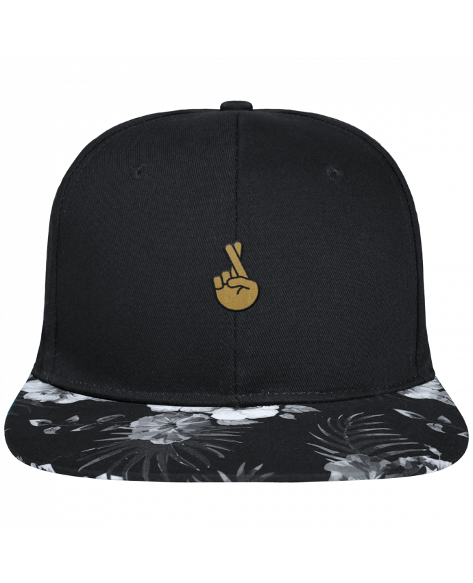 Snapback Cap visor Hawaii Crown pattern Doigts croisés yellow brodé avec toile noire 100% coton et visière imprimée 