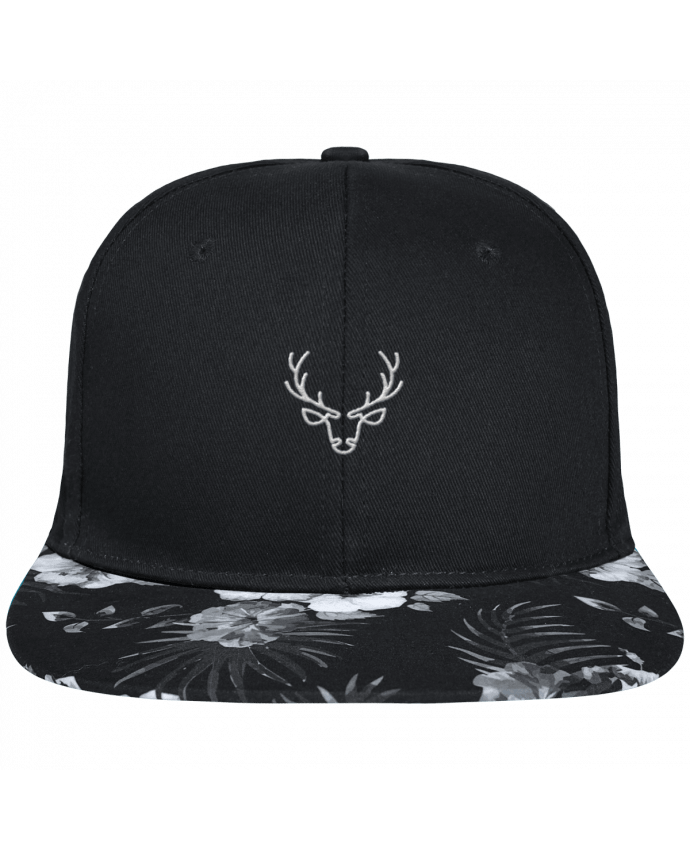 Snapback Cap visor Hawaii Crown pattern Cerf brodé avec toile noire 100% coton et visière imprimée fleurs 100% polye