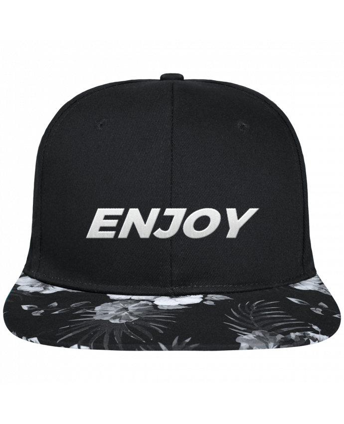 Snapback Cap visor Hawaii Crown pattern Enjoy brodé avec toile noire 100% coton et visière imprimée fleurs 100% poly