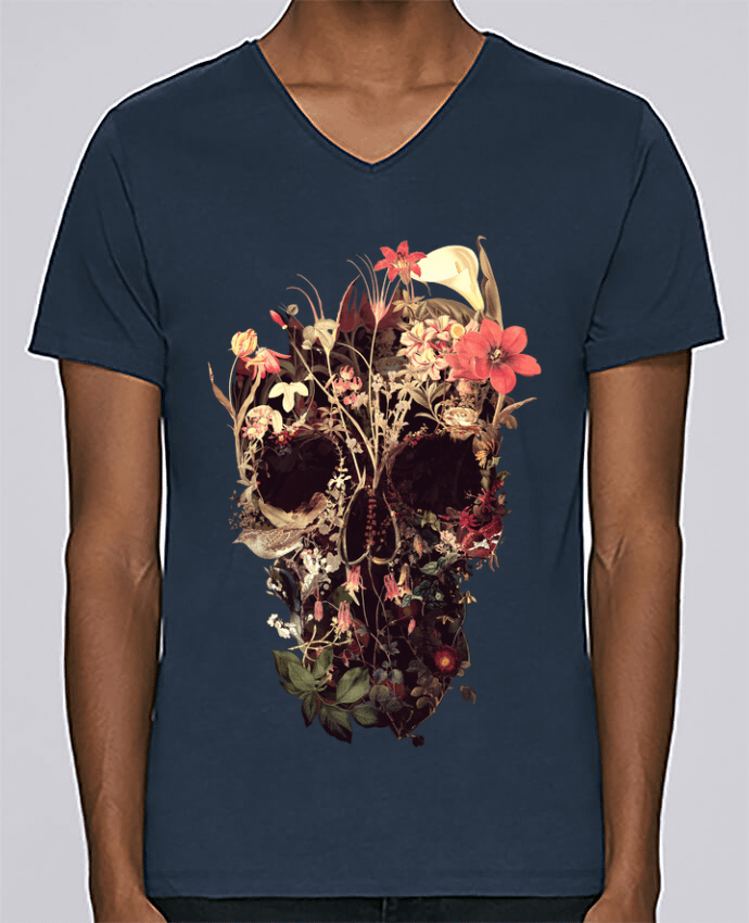 T-Shirt col V Homme design Bloom Skull par ali_gulec