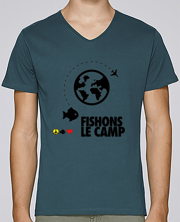 T-Shirt col V Homme design Fishons le Camp par Paix-che Fish and Love