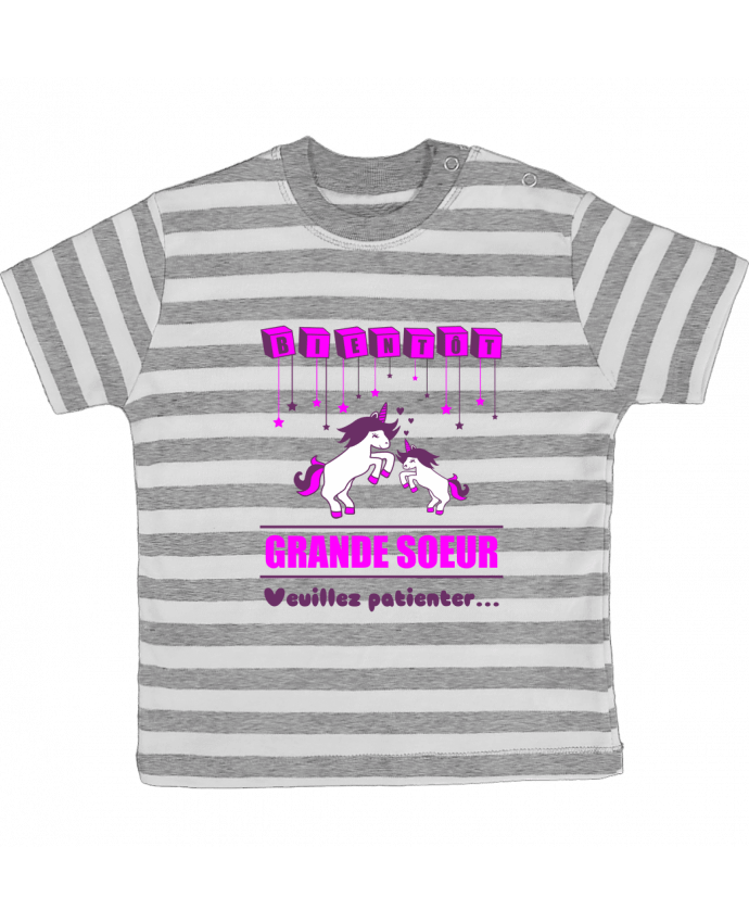 Tee-shirt bébé à rayures Bientôt Grande Soeur, licorne par Benichan