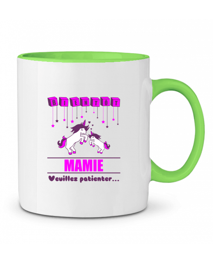 Mug bicolore Bientôt Mamie, licorne Benichan