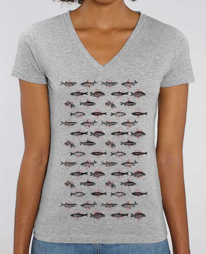 Women V-Neck T-shirt Stella Evoker Fishes in geometrics Par  Florent Bodart