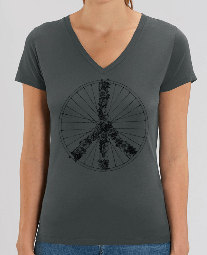Women V-Neck T-shirt Stella Evoker Peace and Bike Lines Par  Florent Bodart
