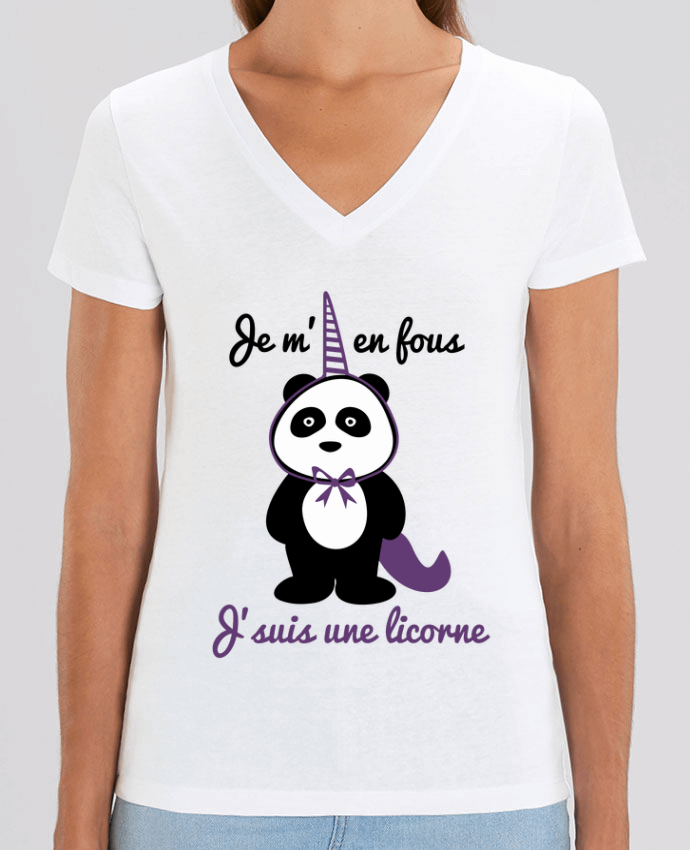 Women V-Neck T-shirt Stella Evoker Je m'en fous j'suis une licorne, panda Par  Benichan