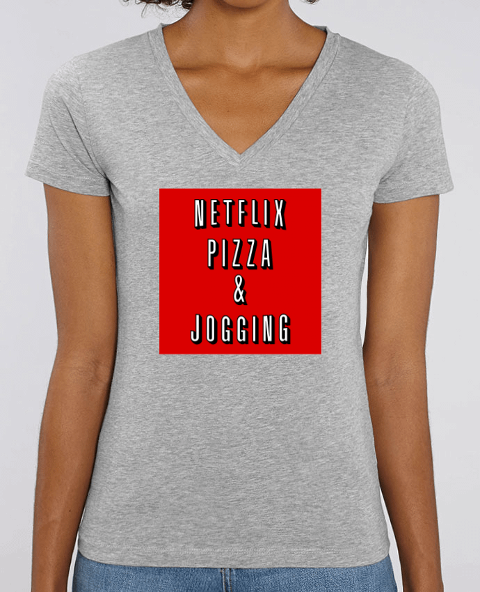Women V-Neck T-shirt Stella Evoker Netflix Pizza & Jogging Par  WBang