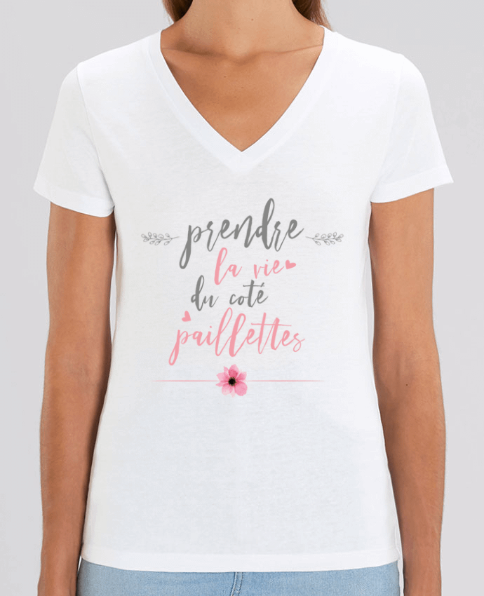 Women V-Neck T-shirt Stella Evoker Prendre la vie du coté paillettes Par  tunetoo