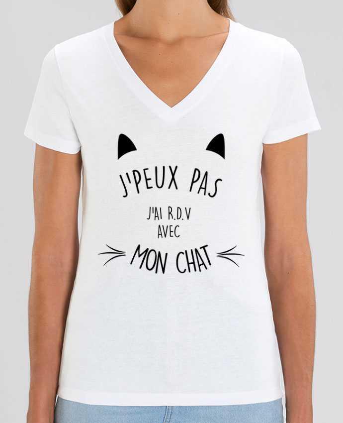 Camiseta Mujer Cuello V Stella EVOKER J'peux pas j'ai R.D.V avec mon chat Par  La boutique de Laura