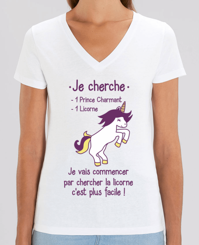 Camiseta Mujer Cuello V Stella EVOKER Je cherche un prince charmant et une licorne Par  Benichan