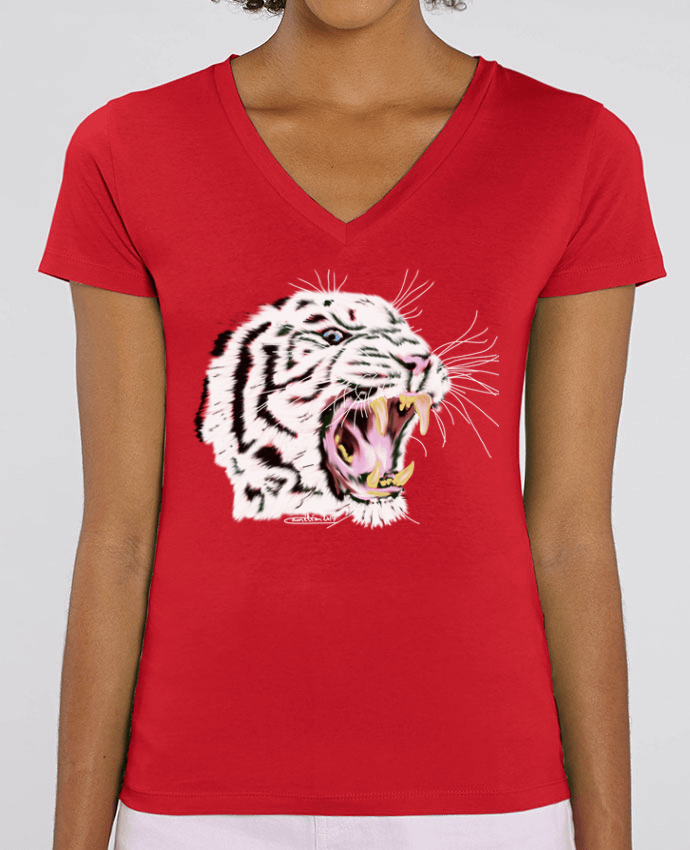 Tee Shirt Femme Col V Stella EVOKER Tigre blanc rugissant Par  Cameleon