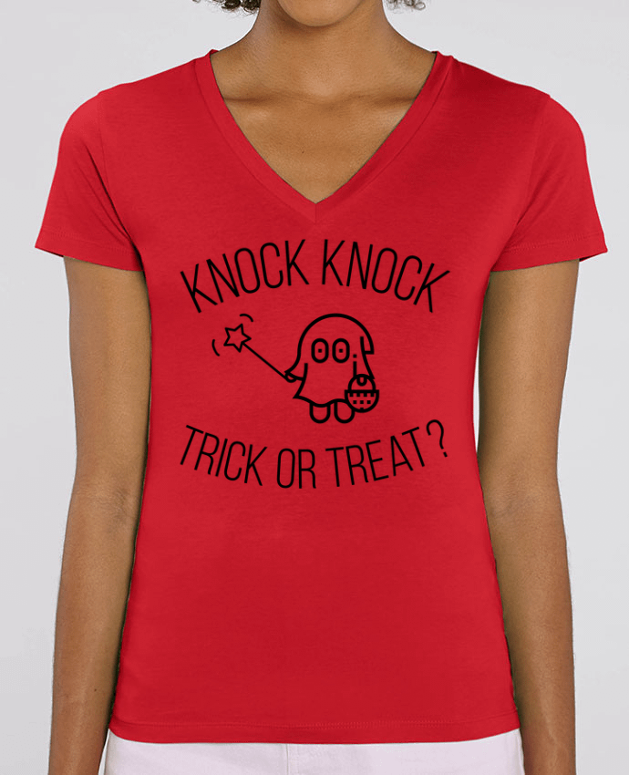 Camiseta Mujer Cuello V Stella EVOKER Knock Knock, Trick or Treat? Par  tunetoo