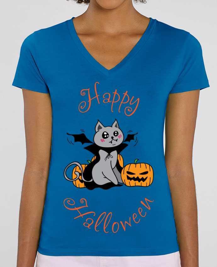 Camiseta Mujer Cuello V Stella EVOKER Cut Cat Halloween - Chat vampire Par  