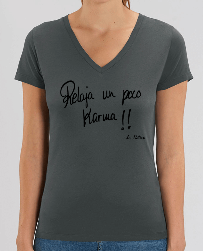 Camiseta Mujer Cuello V Stella EVOKER Relaja un poco karma Par  lunática