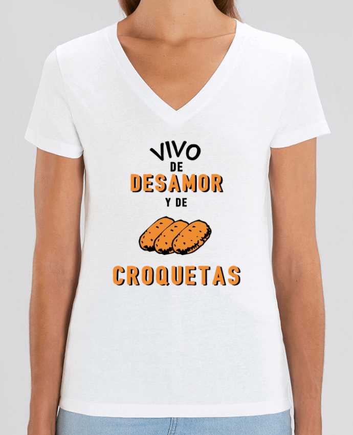 Camiseta Mujer Cuello V Stella EVOKER Vivo de desamor y de croquetas Par  tunetoo