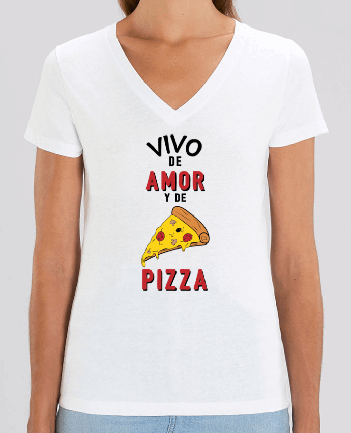 Camiseta Mujer Cuello V Stella EVOKER Vivo de amor y de pizza Par  tunetoo