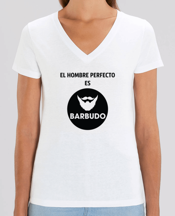 Camiseta Mujer Cuello V Stella EVOKER El hombre perfecto es barbudo Par  tunetoo