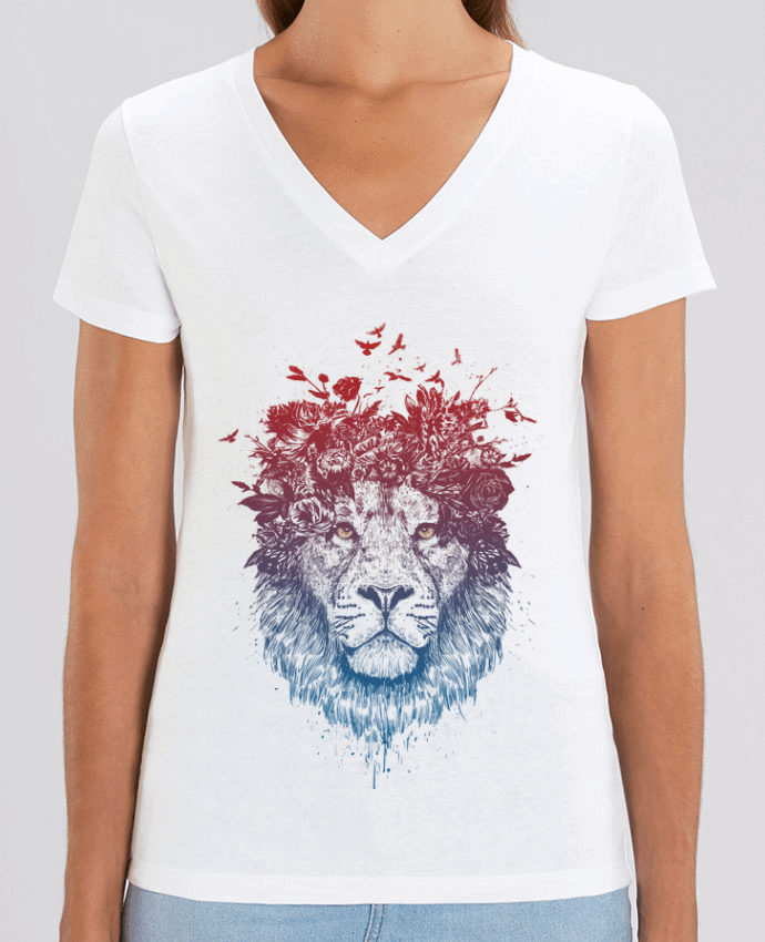 Women V-Neck T-shirt Stella Evoker Floral lion III Par  Balàzs Solti