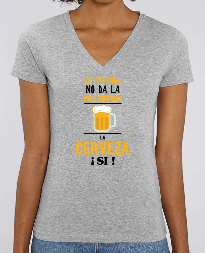 Camiseta Mujer Cuello V Stella EVOKER El dinero no da la felicidad, la cerveza si ! Par  tunetoo