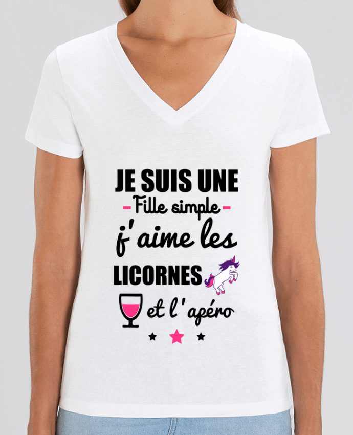 Tee Shirt Femme Col V Stella EVOKER Je suis une fille simple, j'aime les licornes et l'apéro Par  Benichan