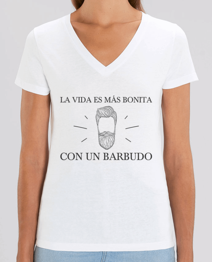 Camiseta Mujer Cuello V Stella EVOKER La vida es más bonita con un barbudo Par  tunetoo