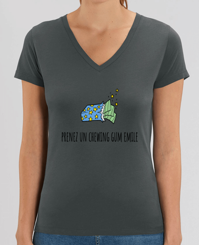 Women V-Neck T-shirt Stella Evoker Prenez un chewing gum Emile, citation film la cité de la peur. Par  Mlle Coco