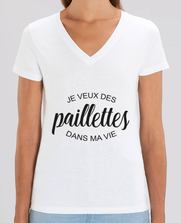 Camiseta Mujer Cuello V Stella EVOKER Je veux des paillettes dans ma vie Par  FRENCHUP-MAYO